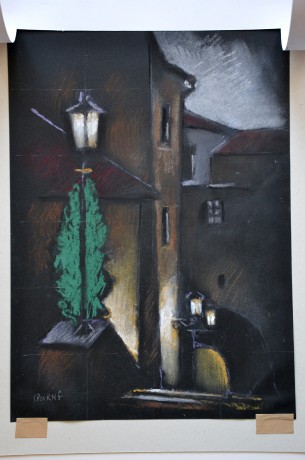 Josef Spurný Staropražské zákoutí dle J. Schikanedra, pastel 29,5 x 42cm, pasparta 36x48cm, č.12 (3)