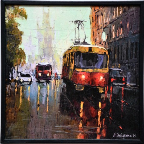 Alexandr Onishenko, Red Tram - Červená tramvaj, 25x25cm, autorská reprodukce, kvalitní tisk na plátně, gelováno. (1)