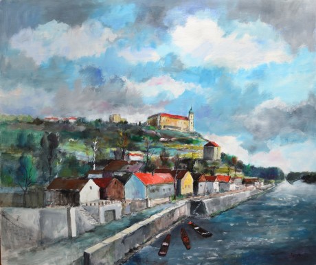 Zdeněk Žemla Mělník - loděnice, olej. tempera na sololitu tl.3mm, 95 x 80cm. č.99 (1)