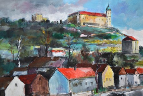 Zdeněk Žemla Mělník - loděnice, olej. tempera na sololitu tl.3mm, 95 x 80cm. č.99 (3)