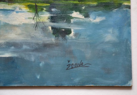 Zdeně Žemla Jihočeský rybník, olejová tempera na sololitu tl. 2,78mm, 64 x 36cm, č. 103 (2)