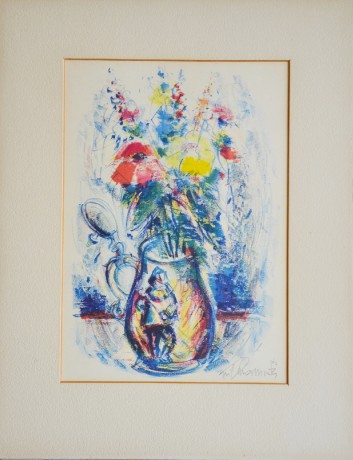(1579)Cyril Chramosta Květiny v hliněném ždbánu, bar. litog. autor. list, 1962, 24,5x31cm, v 21x30cm, ps 33x43cm, (1)