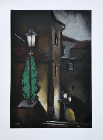 Josef Spurný Staropražské zákoutí dle J. Schikanedra, pastel 29,5 x 42cm, pasparta 36x48cm, č.12 (2)