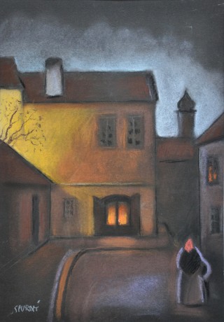 Josef Spurný Staropražské zákoutí dle J. Schikanedra, pastel 30x42cm, v paspartě 36x48cm, č.27  (1)