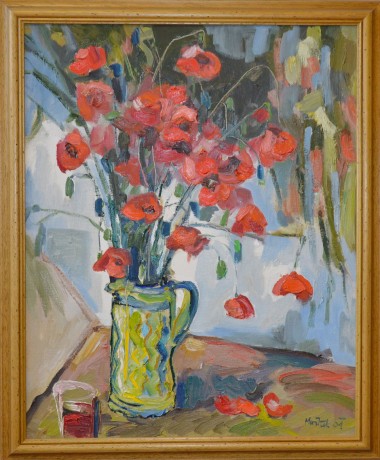 Vlastimil Mužíček Máky u okna, olejomalba na plátně, 55x70, rok 2001, v rámu 63x78 (2)