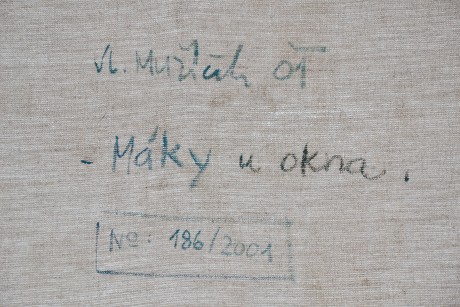 Vlastimil Mužíček Máky u okna, olejomalba na plátně, 55x70, rok 2001, v rámu 63x78 (8)