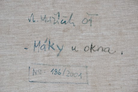 Vlastimil Mužíček Máky u okna, olejomalba na plátně, 55x70, rok 2001, v rámu 63x78 (8)