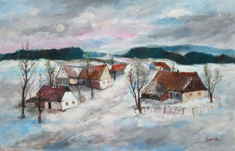 Zdeněk Žemla Zima na Vysočině olejová tempera na sololitu na blindrámu 107 x 70cm (1)