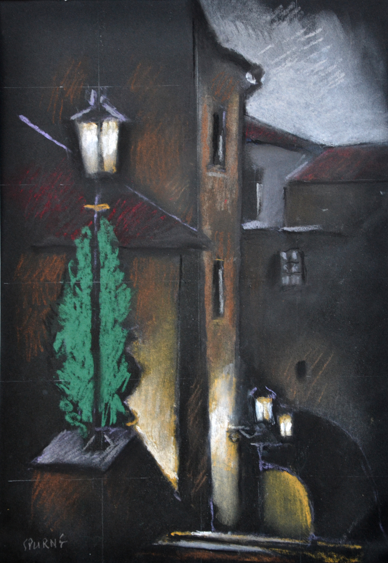 Josef Spurný Staropražské zákoutí dle J. Schikanedra, pastel 29,5 x 42cm, pasparta 36x48cm, č.12 (1)