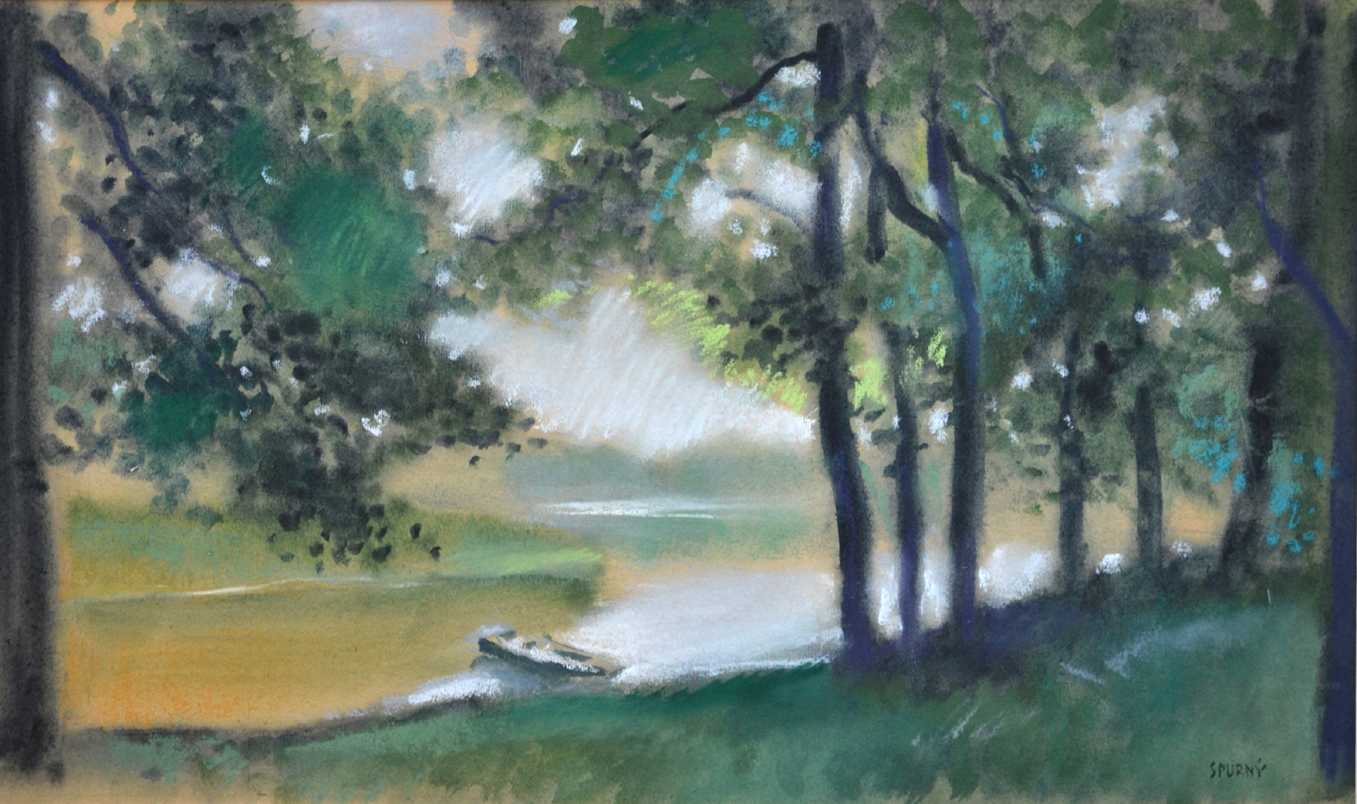 Josef Spurný Labe u Neratovic, akvar. pastel. 57,5x35cm, v paspartě 62 x 42cm, č.9 (1)