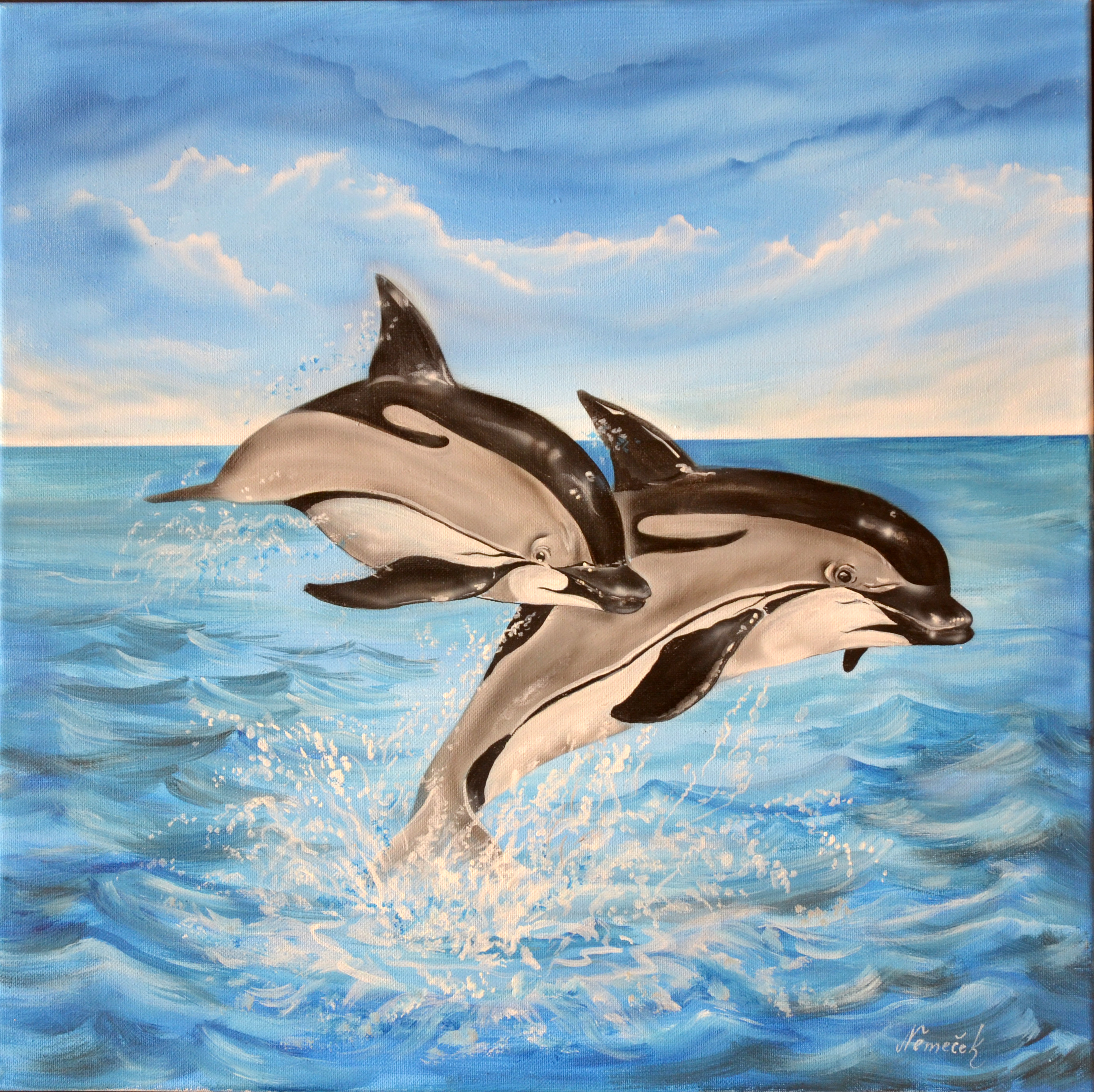 Petr Němeček Delfíni akryl na plátně, 50x50, tl.bl.1,5cm | PRODÁNO