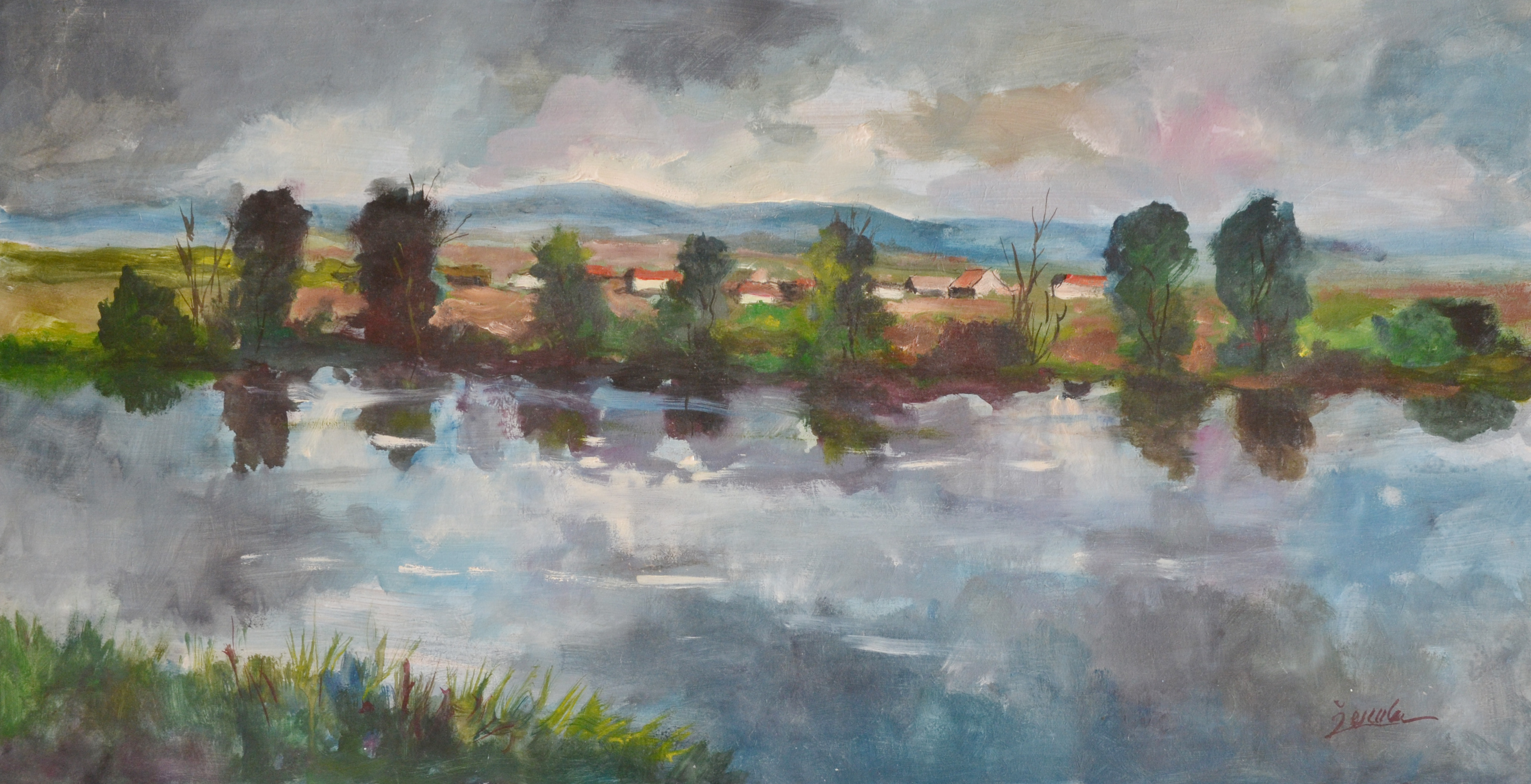 Zdeněk Žemla Staré Hlíny - Jihoč. rybník olej. tempera sol. 69x36 (1)