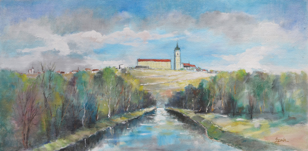 Zdeněk Žemla Mělník z průplavu olejová tempera na sololitu hrubá str. tl.3,87mm, 100 x 50cm (1)